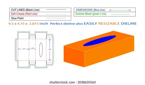 Rectangular size facial tissue box 9.5x4.75x2.875 cm dieline template and packaging 3D vector design