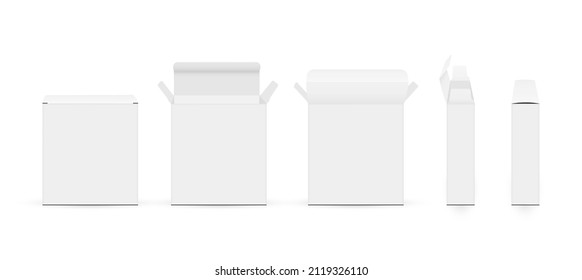 Rectangular Slim Paper Packaging Boxes Mockups, Opened and Closed, Front, Side, Back View, Isolated on White Background. Vector Illustration