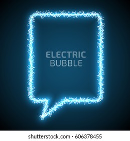 Rectangular speech bubble by electric discharge on blue background
