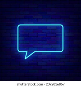 Rectangular speech bubble neon sign. Empty retro frame. Space for text. Outer glowing effect banner. Chatting box on brick wall. Luminous label. Editable stroke. Vector stock illustration