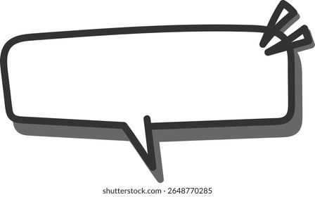Uma bolha retangular de fala com uma sombra e duas linhas em um estilo cômico. A caixa de diálogo apresenta uma parte traseira apontando para baixo e contornos em negrito. Ilustração de vetor de desenhos animados.