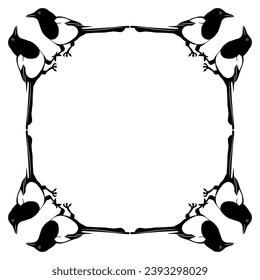 Rectangular square animal frame with Eurasian Magpie birds. (Pika pika). Black and white silhouette.