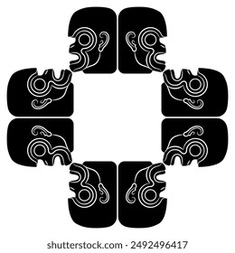 Rectangular square animal frame with stylized monkey heads. Ethnic motif of Maya Indians from ancient Guatemala. Black and white silhouette.