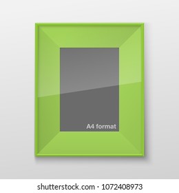 Rectangular Square Bright Green Color Blank Picture Frame A3, A4 sizes, hanging on a White Wall from the Front. Vector illustration Empty Frame with Shiny Glass. Design Template for Mock Up.