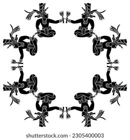 Rectangular square ethnic frame with sitting ancient Mayan men holding flowers. Native American art. Black and white silhouette.