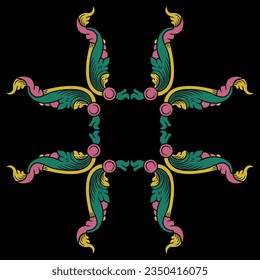 Rectangular square floral ornament or frame with stylized leaves. Merry medieval Russian folk style. On black background.