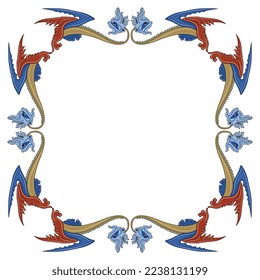 Rectangular square frame with fantastic medieval winged dragons. Gothic illuminated manuscript design. Isolated vector illustration.