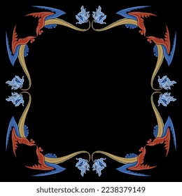Rectangular square frame with fantastic medieval winged dragons. Gothic illuminated manuscript design. On black background.