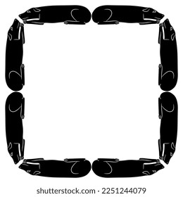 Rectangular square frame with stylized dogs. Ancient Egyptian animal design. Black and white silhouette.