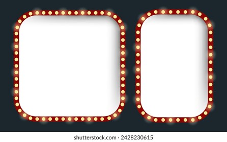 Rectangular and square lightbox. Empty white background, retro light bulbs. Cinema, show, shine, frame, advertising, backlight, attract attention, bright, festive, carnival. Vector illustration