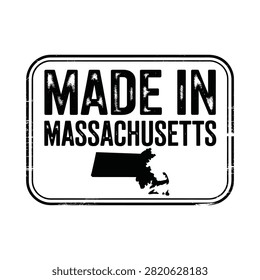 Rectangular stamp with text and massachusetts state silhouette black on white