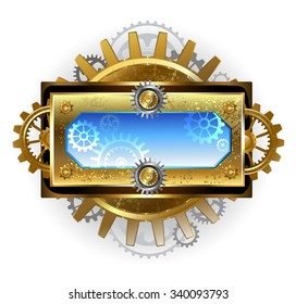 Rectangular steampunk banner with gold gears and blue glass on white background.
