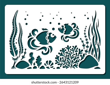 Rectangular stencil two fish, seaweed, shell. Marine underwater life of sea, ocean, lake, river. Painting for plotter laser cutting of paper, wood carving, metal engraving, cnc. Vector illustration.