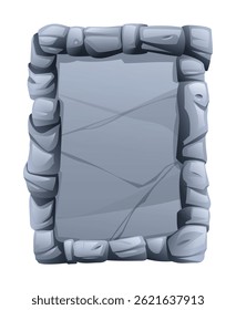 Rectangular stone frame made of jagged stone pieces, with a fractured surface in the middle. Stone banner element for game and web. Ui or gui design element. Vector cartoon illustration