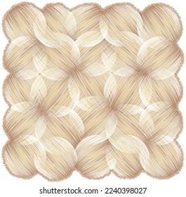 Rectangular straw rug, mat, doormat, carpet with oval grunge striped intersecting elements in beige, yellow, brown colors with wavy zigzag fringe isolated on white background