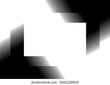 Rectangular striped frame. Vector black and white background for covers, flyers, packaging. Technological style. Thin line design element. Corners with a smooth transition