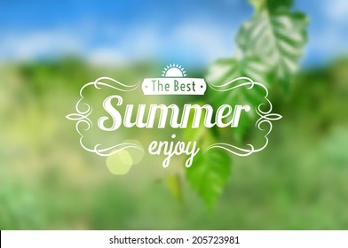 Rectangular summer postcard with green and blue blurred background.