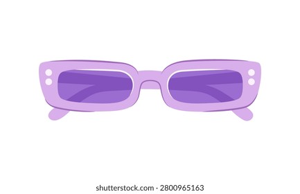 Rectangular sunglasses with purple frame and violet lenses on white background. Trendy retro style summer eyewear accessory. Vintage aesthetic Y2K optical spectacles.