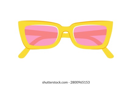 Rectangular sunglasses with yellow frame and pink lenses on white background. Trendy retro style summer eyewear accessory. Vintage aesthetic optical spectacles.