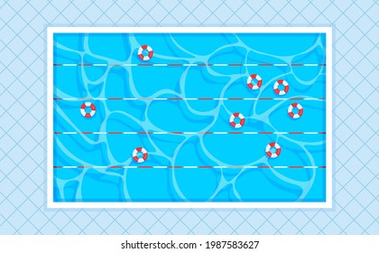 Rectangular swimming pool with lanes and lifebuoys. Square tiles background. Top view. Vector illustration in trendy flat style.