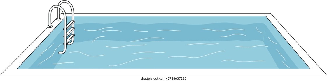 Piscina retangular com escada de metal, superfície de água calma, borda do convés branco, elemento de projeto de recreação aquática exterior