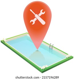 Rectangular swimming pool with its transparent turquoise water with a red marker with the symbol wrench and crossed screwdriver indicating that the swimming pool is in maintenance (cut out)