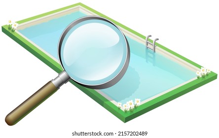 Rectangular swimming pool with transparent turquoise water with a magnifying glass pointed at it on a white background (cut out)