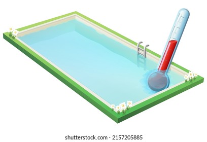 Rectangular swimming pool with its transparent water in which a thermometer is immersed to indicate the temperature of the water (cut out)