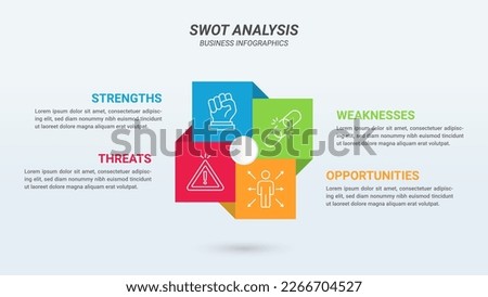 Rectangular SWOT Analysis Infographics Diagram in Circle and Road with Arrow. Business Advantages and Disadvantages. Colorful Presentation Template for Planning, Management, and Evaluation of Project.