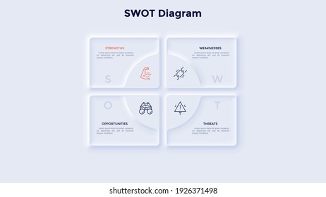 Rectangular SWOT chart divided into 4 parts. Concept of advantages and disadvantages of company. Neumorphic infographic design template. Modern vector illustration for strategic business planning.