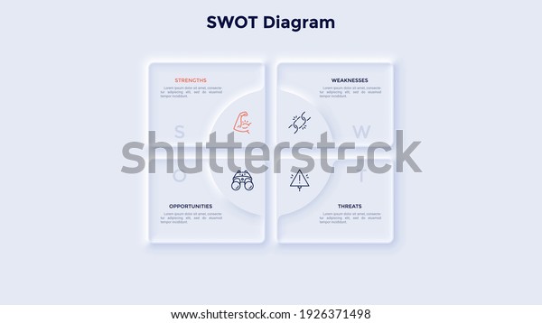 Rectangular SWOT chart divided into 4 parts.\
Concept of advantages and disadvantages of company. Neumorphic\
infographic design template. Modern vector illustration for\
strategic business\
planning.