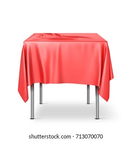 Rectangular table with a red tablecloth on a white background