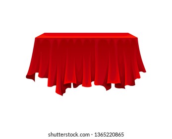 Rectangular table under red silk cloth on white background.