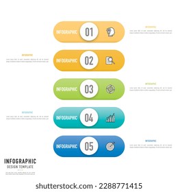 Rectangular tag infographic template or element with 5 step, process, option, colorful round edge rectangle, circle, button, circular, label, icons, funnel, stair, paper origami for sale slide, web