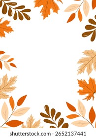 Modelo retangular com folhas de outono em tons de laranja quente e marrom no fundo branco. Espaço para texto. Perfeito para convites sazonais, cartões de felicitações, folhetos, cartazes e projetos de Ação de Graças.