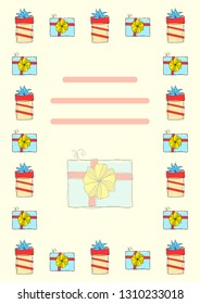 Rectangular template, blank for cards, ads, letters: multi-colored gift boxes in the style of Doodle. Hand-drawn gifts with ribbons and bows