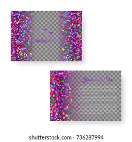 Rectangular template for the design of the postcard with soaring little confetti for the New Year's decoration on a transparent backdrop