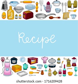 Rectangular template with kitchen items, appliances and utensils of the cover of the book with recipes, design. Set of colored elements on the theme of cooking hand-drawn isolated on a  background