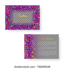 Rectangular template of New Year's invitation with colorful floating soaring confetti for festive design on a transparent backdrop
