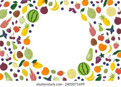 Rectangular template with various fruits in spiral way. Round shaped place for information in the middle. Banner with farmers local products. Fruity hand drawn flat vector illustration with copy space