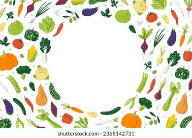 Rectangular template with various veggies. Round shaped place for information in the middle. Banner with ripe farmers local products. Vegetables hand drawn flat vector illustration with copy space