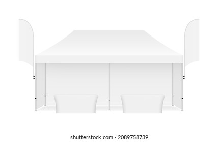 Rectangular Tent With Flags and Demonstration Tables, Front View. Vector Illustration