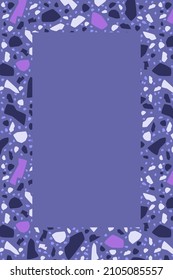 Rectangular terrazzo luxury frame for text. Very Peri purple trendy color background. Stone tile. Premium design. Copy space. Violet empty flyer, banner, poster. Modern border from marble, stone.