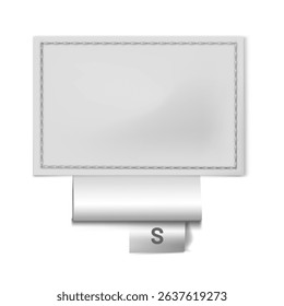 Rectangular textile label with decorative stitching along the edges and tag with size "S". Realistic blank white label mockup. For branding or care instructions. Vector illustration.