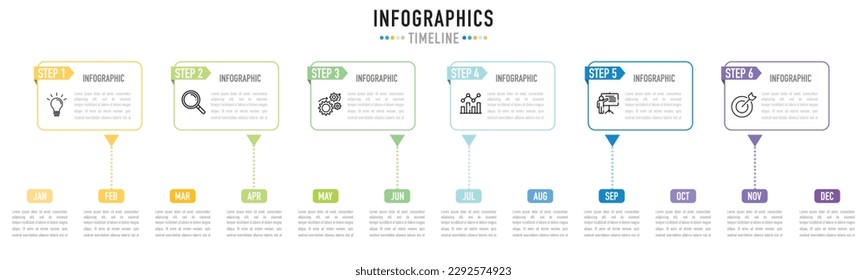 Plantilla o elemento de infografía de línea de tiempo rectangular con 6 pasos, proceso, opción, rectángulo colorido, cuadrado, origami de papel, cinta, diapositiva de 12 meses para la venta, planificador, calendario, diagrama de flujo 