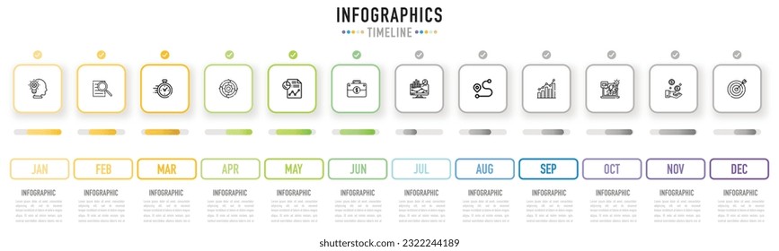 Rectangular timeline infographic template or element with 12 step, process, option, colorful rectangle, square, bar, button, minimal style for sale slide, flowchart, workflow, planner, agenda schedule