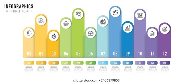 Rectangular timeline infographic template or element with 12 months, step, process, option, colorful circle, rectangle, bar, paper origami, pin, slide