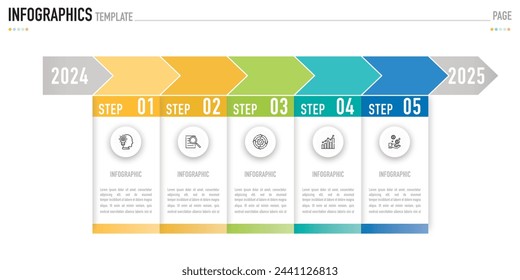 Rectangular timeline infographic template or element with 5 step, process, option, colorful rectangle, icons, paper , button, tag, circle, circular, square bar for sale slide, planner, 2024, 2025