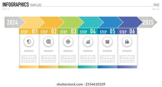 Rectangular timeline infographic template or element with 6 step, process, option, colorful rectangle, icons, paper , button, tag, circle, circular, square bar for sale slide, planner, 2024, 2025