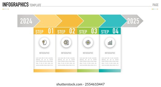 Rectangular timeline infographic template or element with 4 step, process, option, colorful rectangle, icons, paper , button, tag, circle, circular, square bar for sale slide, planner, 2024, 2025